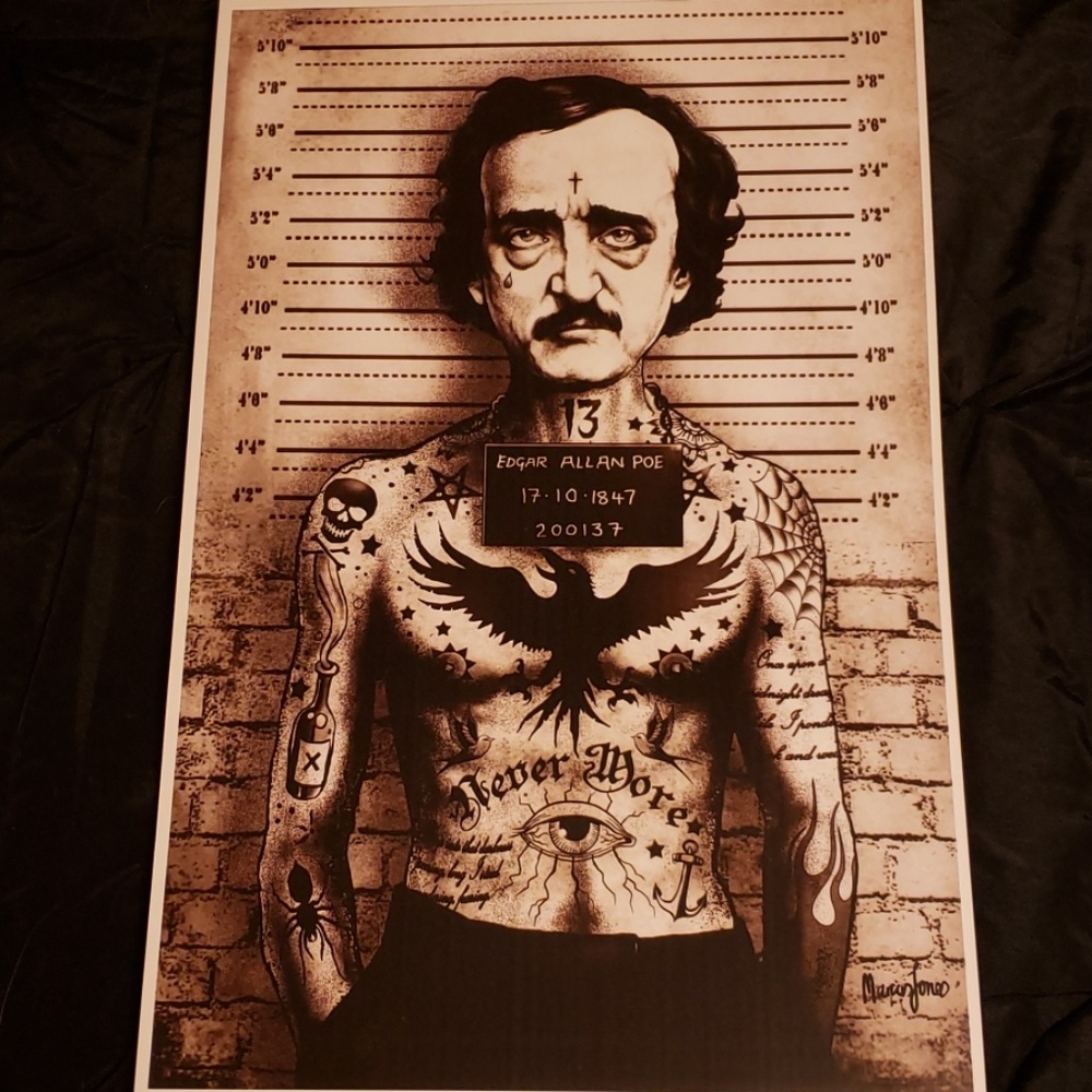 Lowbrow Edgar Allan Poe Nevermore Police Lineup Mugshot 11"x17" Tattoo Art Print